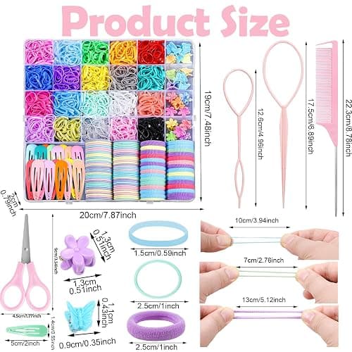 auroray Hair Accessories for Girl, 1543 Pcs Elastic Hair Rubber Bands Set 20 Colors Elastic Hair Ties with Organizer Box Cotton Baby Hair Ties, Hair Tail Tools, Rat Tail Comb, Butterfly Hair Clips - Multicolor thumbnail 2