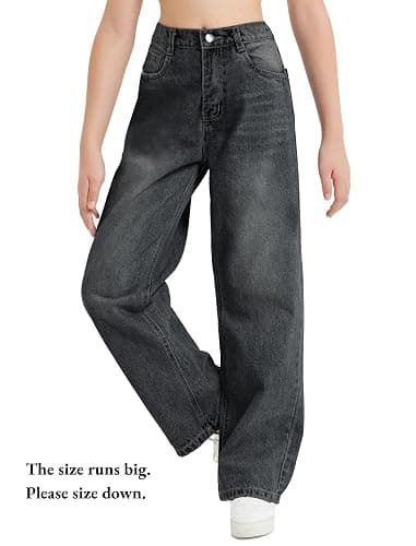 EXARUS Girls Jeans Baggy Wide Leg Cute Teen Denim Pants Junior Mid Rise Elastic Band with Pockets Casual Clothes thumbnail 3