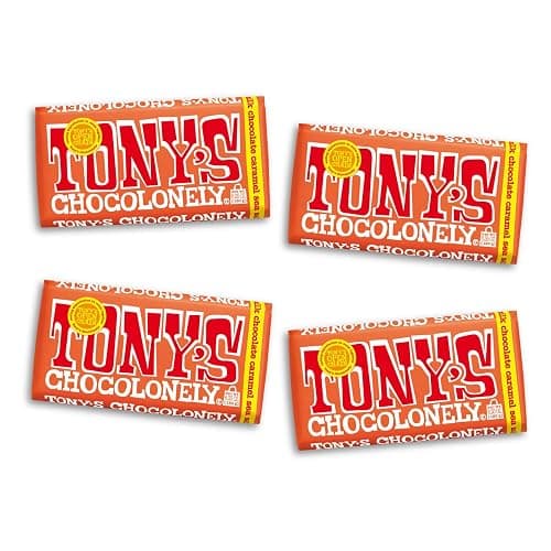 Tony’s Chocolonely Belgian Milk Chocolate Candy Bar With Caramel & Sea Salt, Chocolate Bars for Snacks, Party Favors, or Gifts, 32% Cacao, Made From Quality Fairtrade Cocoa, 4 Bars, 6.35 Oz Each - Image 1
