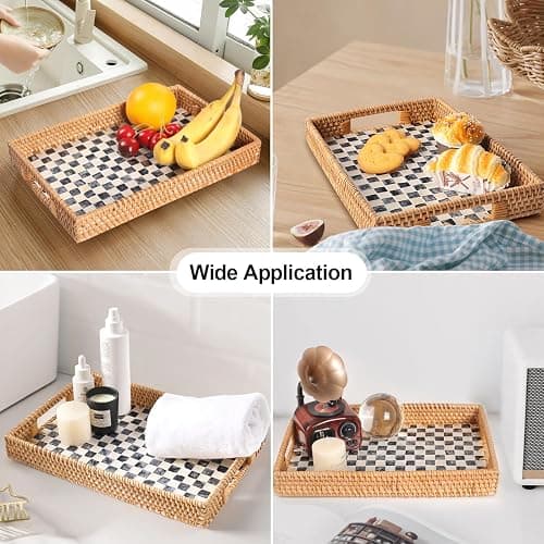 Tynulox Rectangle Rattan Tray with Mother of Pearl Inlay, Rattan Serving Tray with Handle for Coffee, Bread, Fruits, Snacks, Decorative Wicker Tray for Table Decor (Black Checkerboard, 13"×9") thumbnail 5