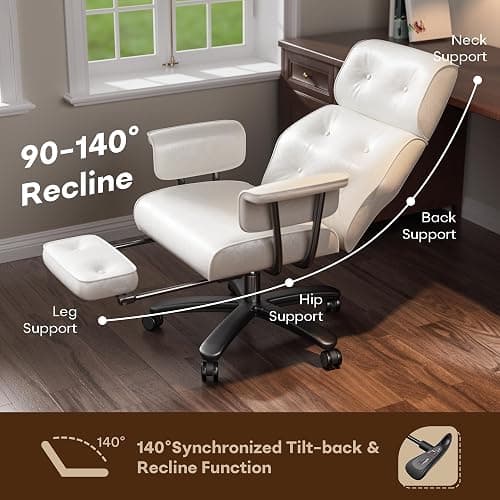 Reclining Office Chair with Footrest, Big and Tall Office Desk Chair 400lbs Wide Seat, Leather High Back Ergonomic Vintage Chair, Heavy Duty Executive Computer Chair, White thumbnail 3