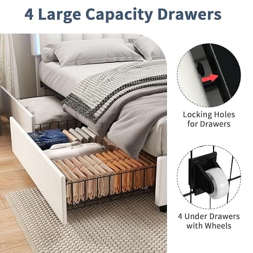 IMMERSTABLE Full Bed Frame with 4 Drawers, Full Size Bed Frame with LED Lights, Upholstered Bed Frame Full Size with Headboard, No Box Spring Needed, Noise-Free, Easy Assembly, White - White - Full thumbnail 4