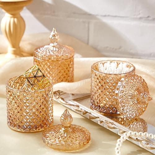 Aoriher 4 Pcs Crystal Glass Candy Jar Set with Lids Home Decorative Storage Jars for Apothecary, Bathroom, Kitchen, and Pantry, Ideal for Cotton Swabs and Jewelry(Medium,Amber) thumbnail 2