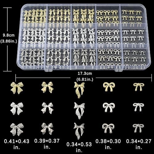 OPMADM 135 Pcs Bow Nail Charms 5 Styles Metal Bow Charms for Nails Gold Silver and White Gold thumbnail 2