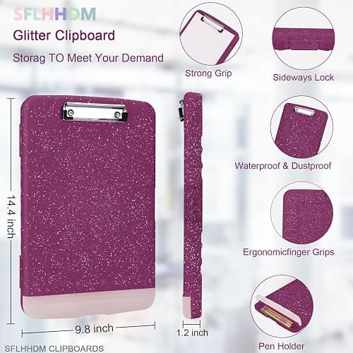 Glitter Clipboard with Storage,Storage Clipboard with Pen Holder,A4 Binder Clip Boards 8.5x11 with Low Profile Clip,Side Opening Sparkle Clipboards,Clipboards Folder for Office Supplies-Purple Alfalfa thumbnail 2
