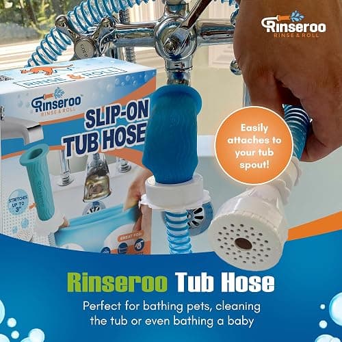 Rinseroo: Slip-On Tub Hose – As Seen on Shark Tank – 5ft Flex Bathtub Faucet Sprayer – Easy Rinse for Pets, Hair & Cleaning – No Installation Needed – Fits Faucets Up to 3” Wide – Mess-Free & Portable thumbnail 2