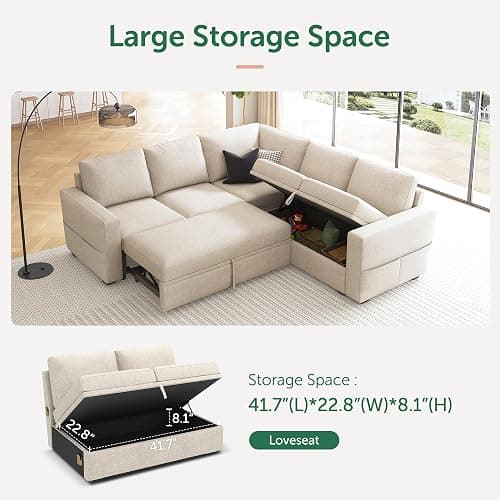 HONBAY Modular Sectional Sleeper Sofa with Pull Out Bed, L Shaped Couch with Storage Seat, Convertible Sectional Couches for Living Room, Beige thumbnail 4