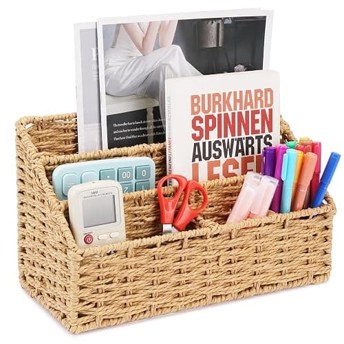 Oranwell Woven Mail Organizer for Desk Countertop, Desktop Mail Holder Sorter Storage Basket with Envelope Letter File Compartments - Image 1