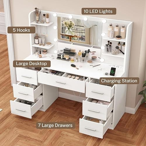 FIONESO Vanity Desk with LED Light Mirror & Power Outlet, 3 Adjustable Light Color, Makeup Vanity with 7 Drawers, 4 Shelves, 5 Jewel Hooks, White Vanity for Bedroom, Girls Vanity thumbnail 4