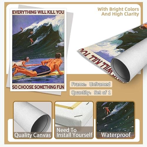 Enveable Retro Hawaii Surfing Fun Poster Summer Tropical Beach Hawaiian Island Beach Art Blue Ocean Wave Surfer Water Sport Surfboard Prints For Home Bedroom Dorm Bathroom Wall Decor 12x16in Unframed thumbnail 7