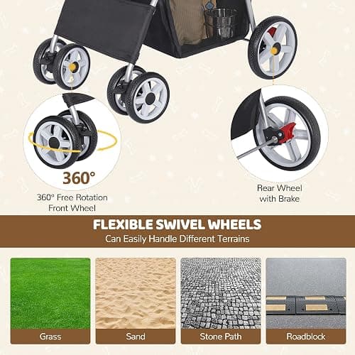 ZENY Foldable Pet Stroller, Cat/Dog Stroller with 4 Wheel, Pet Travel Carrier Strolling Cart with Storage Basket, Cup Holder (Black) thumbnail 7