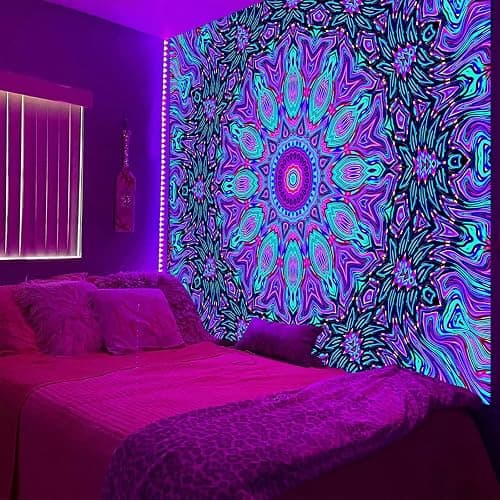 PSYHILAR Blacklight Mandala Tapestry for Bedroom, Psychedelic Black Light Posters for Adults and Teens, Neon UV Reactive Aesthetic Bohemian Art Wall Hanging Decor (60 x 50 Inches) - Image 1