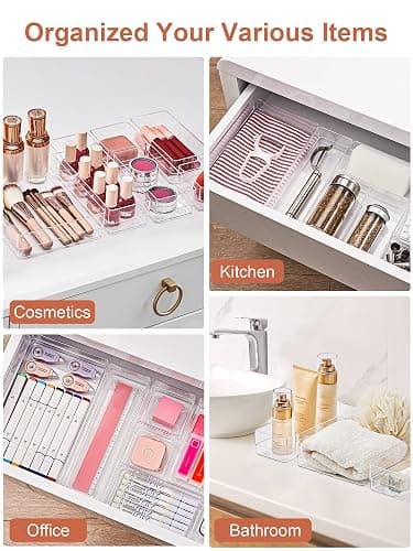 SMARTAKE 22-Piece Drawer Organizer with Non-Slip Silicone Pads, 4-Size Clear Desk Drawer Organizer Trays Storage Tray for Makeup, Jewelries, Utensils in Bedroom Dresser, Office and Kitchen, Clear thumbnail 6