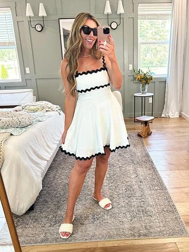 Senllen Womens Summer Flowy Mini Dress 2026 Casual Spaghetti Straps Sleeveless Smocked Backless Swing Wave Trim Sundress thumbnail 3