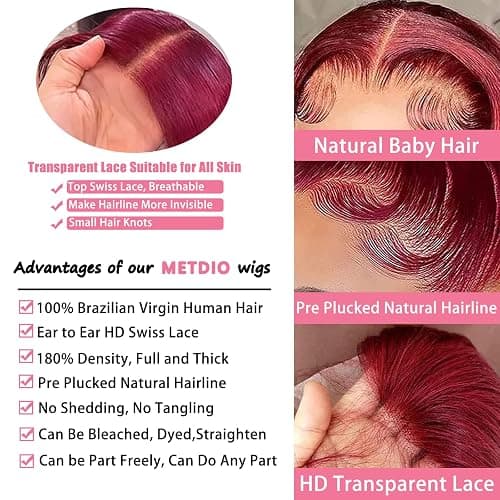 METDIO 99J Burgundy wig human hair 13x4 body wave lace front wigs human hair 180 Density Pre Plucked Glueless Wine red colored lace front wig for Women 26inch thumbnail 3