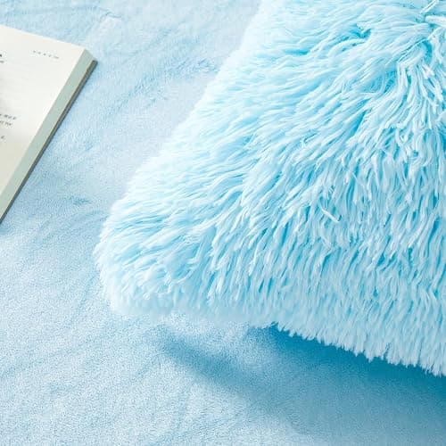 Blue Plush Pillow Covers, Fuzzy Fluffy Furry Shaggy Faux Fur Pillow Cases for Bedroom décor, Soft Blue Pillow Covers 26"x20" with Zipper Closure, Decorative Set of 2 thumbnail 4