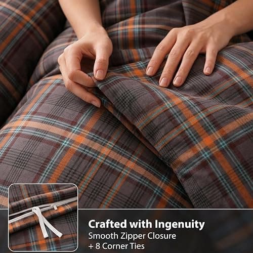 Cozaline 100% Cotton Vintage Plaid Duvet Cover Queen Size - Dark Gray and Burnt Orange Checkered Pattern Duvet Cover Set with Zipper Closure, 3 Pieces Soft & Breathable Bedding Set for All Seasons thumbnail 6