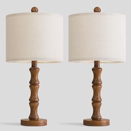 BOBOMOMO 20.5" Rustic Table Lamps Set of 2, Farmhouse Nightstand Lamp with Wood Grain Resin Base & Linen Shade, Small Bedside Lamp for Bedroom, Living Room & Apartment Décor- Ideal for Small Spaces thumbnail 7