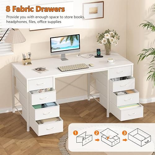 50 Inch Computer Desk with 8 Drawers for Home Office, Bedroom, Living Room | Home Office Desk with Power Outlets, Work Study Gaming Desk with 8 Fabric Drawers, Vanity Desk for Bedroom thumbnail 6