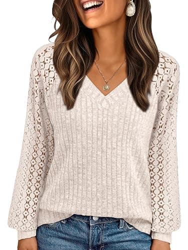 AUTOMET Women Long Sleeve Shirts Fall Lace Tops 2025 Fashion V Neck Winter Sweaters Dressy Casual Tunic Blouse Work Clothing - Image 1
