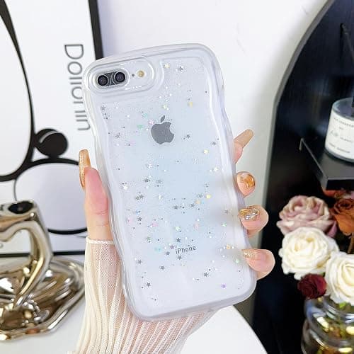 Qokey for iPhone SE & 8/7 Case - Cute Clear Glitter Curly Wave Design, Transparent Bling Shiny Protection Soft TPU Shockproof Phone Cover for Women & Girls thumbnail 3