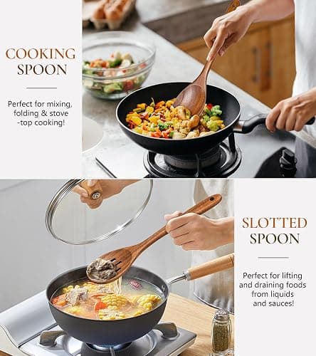 2Pcs Wooden Spoons for Cooking, Natural Premium Teak Wooden Spoon & Slotted Spoon, Good Grip Large Cooking Spoons Spatula, Heat Resistant Wooden Kitchen Cooking Utensils Set for Nonstick Cookware thumbnail 5