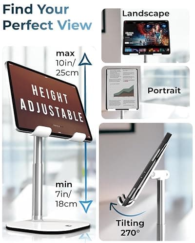 Cooper TabHolder, 7-10" Height Adjustable Tablet Stand, Premium iPad Stand for Desk, 270° Tilt Portable Monitor Holder for 15.6-17" Displays, for All iPad, Kindle, Surface, Samsung Tablets (Black) thumbnail 3
