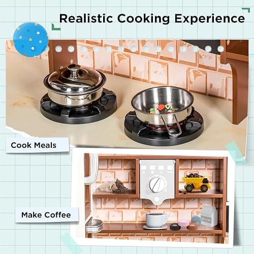 BRINJOY 3-Piece Kids Kitchen Playset, Walk-in Wooden Play Kitchen Set for Toddlers, Modular Pretend Play Kitchen w/Light&Sound, Large Corner Kitchen Cooking Toy w/Coffee Capsule, Gift for Girls Boys thumbnail 7