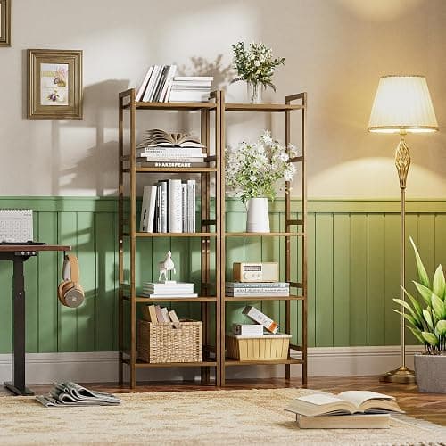 HITNET Bamboo Book Shelf, Tall Narrow Bookcase, Bathroom Shelving Unit 5 Tier Floor Standing Adjustable Bookshelf for Small Spaces, Walnut thumbnail 7