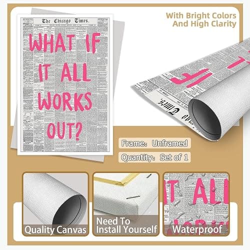 Liyark Retro Trendy Newspaper Canvas Wall Art - 'What If All Works Out' Positive Affirmation Quote - Pink Font - Minimalist Home Decor - 12x16in Unframed - Black 01 Unframed - 12L" x 16W" thumbnail 2