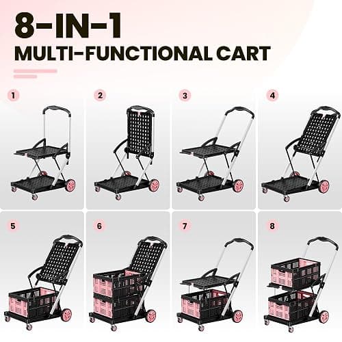 DKENICOR 8-in-1 200LBS Collapsible Shopping Cart, Multi Functional Utility Cart with 2 Storage Crate,Adjustable Handle Grocery Cart on Wheels for Shopping, Warehouse, Office, Supermarket, Pink thumbnail 7
