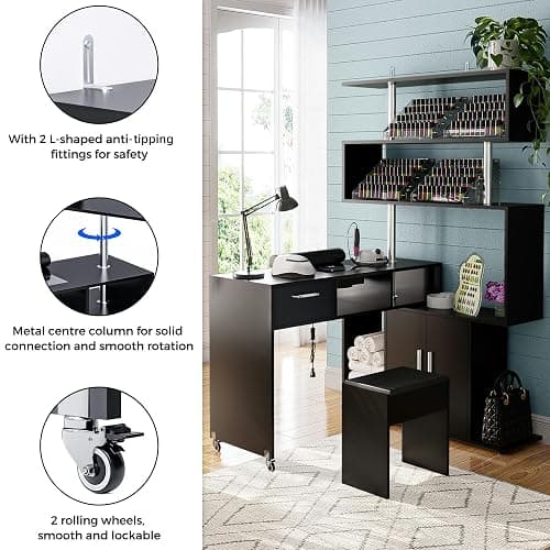 Kikihouse Manicure Table Nail Desk with Stool, Rotating L-Shaped Nail Tech Desk with Dust Collector, Two-Way Drawer, Cabinet & Storage Shelves, Reversible Manicure Workstation on Wheels (Black) thumbnail 7