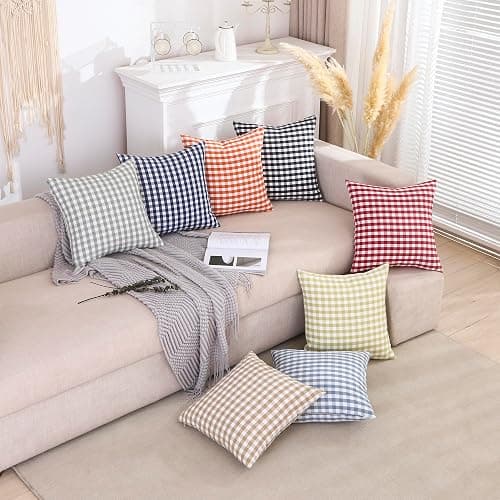 CARRIE HOME Light Blue Farmhouse Buffalo Plaid Pillow Covers 18x18 Set of 2 Patio Outdoor Decor Neutral Checkered Pillow Covers 18 x 18, Blue and White Gingham thumbnail 4