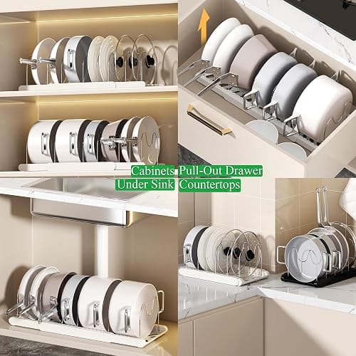 LICRUGU Pot Rack : Pots and Pans Organizer Under Cabinet 7 Adjustable Compartment Expandable Pot Lid Holder for Kitchen Cookware, Bakeware, Lid, Dishes, Cutting Boards,Apricot thumbnail 6