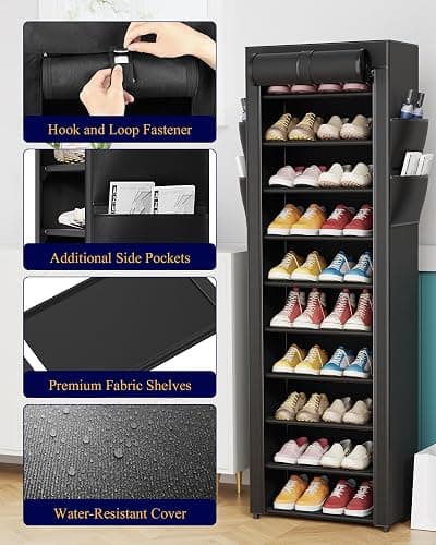 Kitsure Shoe Rack - 10-Tier Large Capacity Shoe Organizer Shelf with Dust Cover & Side Pockets, Rust-Proof Metal Shoe Rack for Closet, Entrance, Living Room, 17.5" x 12.4" x 69.3", Black thumbnail 5