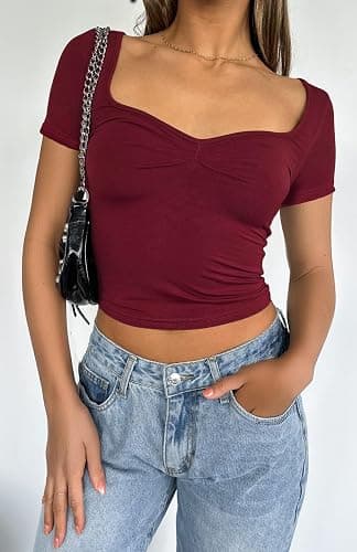 TiulZial Women's Short Sleeve Going Out Crop Top Sexy Pleated Cute Shirt Sweetheart Neck Y2K Ruched Cropped Tops thumbnail 2
