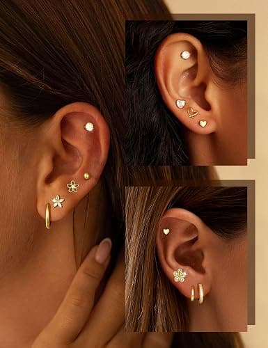 Hypoallergenic Gold Stud Earrings for Women - 14k Gold Plated Surgical Stainless Steel Flat back Earrings Set Small Huggie Hoop Flatback Earring for Sensitive Ears Screw Back Cartilage Piercing Jewelry thumbnail 2