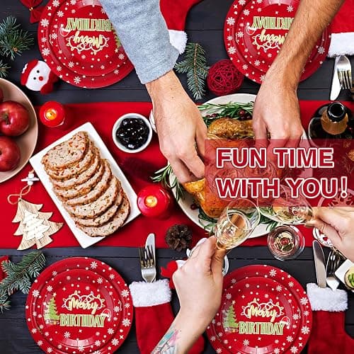Havawish 96 Pcs Merry Birthday Tableware, Xmas Birthday Plates and Napkins | Red Christmas Decoration with Disposable Plates, Napkins, Forks, Merry Birthday Decoration, Holiday, New Year Party Supplies thumbnail 4