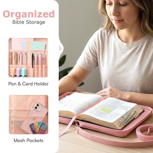 Bible Cover Case for Women - Bible Case with Shoulder Strap, Pink Bible Cover Standard Size Featuring Book Protector with Turn Lock Closure - Durable & Travel Friendly Design that Fits Most Bibles thumbnail 4