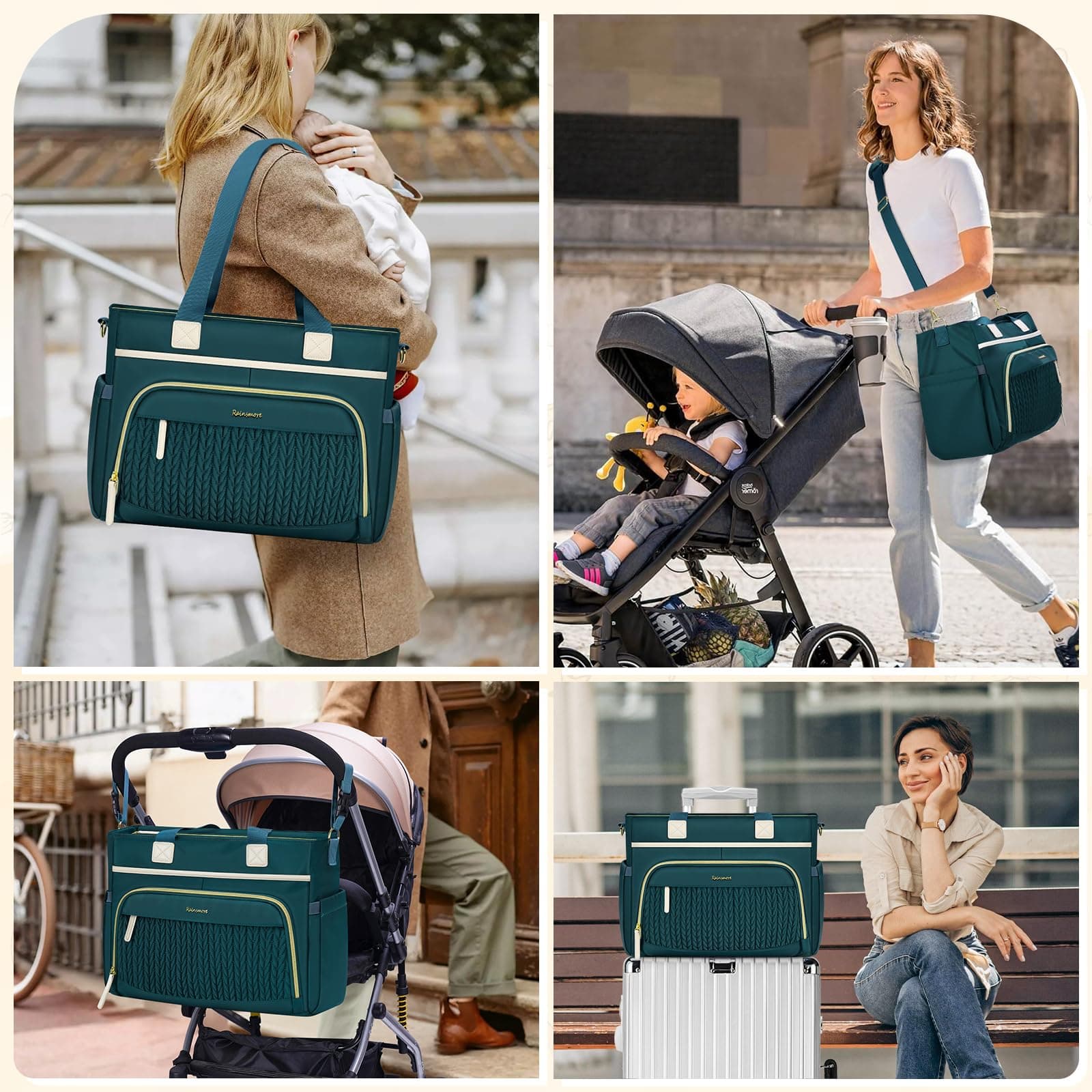 RAINSMORE pañaleras para bebe, Gran Capacidad e Impermeable Bolso Tote para Pañales con Bolso para Chupón y Cambiador Bolso Multifuncional para Viaje, Paseo y Mamá thumbnail 7