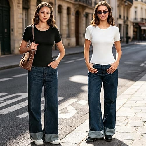 Leafigure 2 Pack Basic Tees for Women | Slim Fit T Shirts, Crewneck, Short Sleeve Crop Tops, Casual Summer, Workout Gym Outfits thumbnail 3