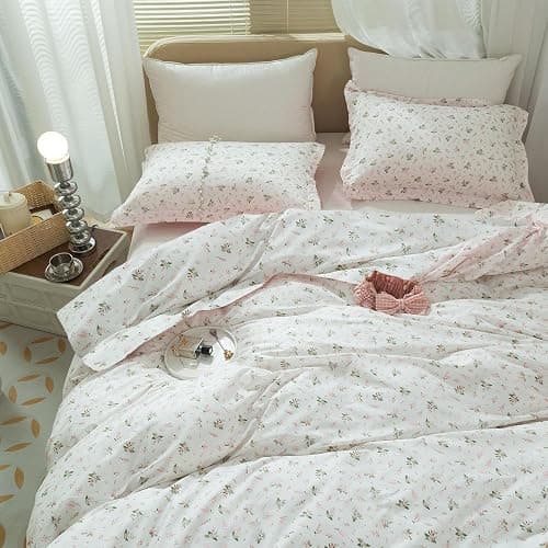 mixinni Girl Floral Full Size Comforter Pink White Flower Leaf Print Bedding Sets, Cute Floral Bedding Comforter Sets for All Seasons-(1 Comforter+2 Pillow Shams)-Full Size thumbnail 2