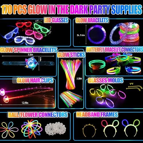 FODYNE 170 PCS Glow in the Dark Party Supplies Adult kids party favors, LED Glasses, Glow Hair Clips, Glow Glasses Molds, glow sticks bulk party pack, Glow bracelets, Glow Spinner bracelet thumbnail 2
