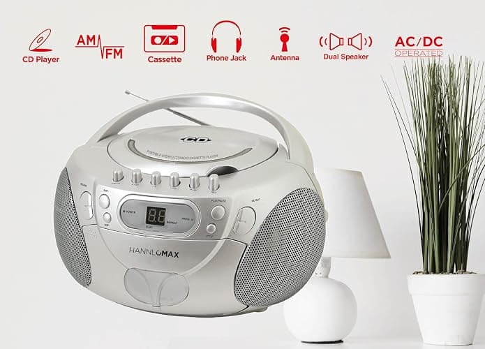 HANNLOMAX HX-337CD Portable CD Player, AM/FM Radio, Cassette Recorder, Records from CD or Radio, Headphone Jack, AC/DC Dual Power Source. (Silver) thumbnail 3