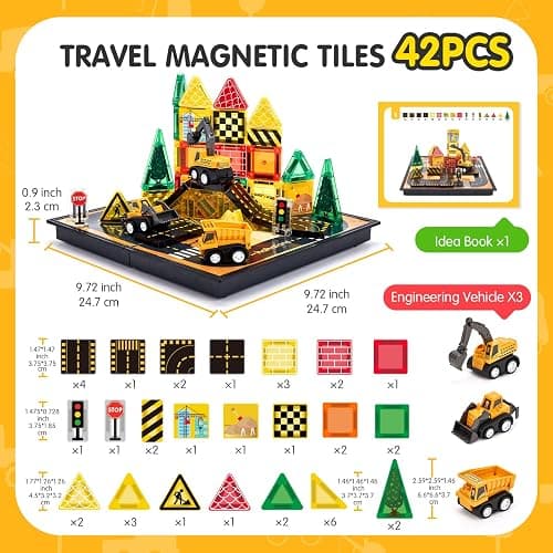 hahaland Mini Magnetic Tiles Travel Construction Toys with Engineering Cars | Magnetic Building Blocks with Vehicles Trucks, Case 2-in-1 Road-Themed Box, Montessori Gifts for 3-6 Year Old Toddler thumbnail 2