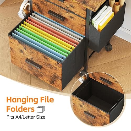 Mexin 3 Drawer File Cabinet with 24'' Extended Desktop, Mobile Filing Cabinet, Printer Stand, Rolling Printer Stand with Side Bag, Fabric Drawer, Fits A4 Size, Home Office,Rustic Brown thumbnail 5