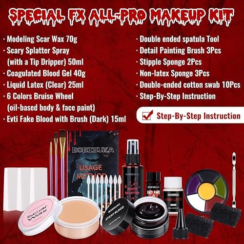 Special Effects SFX Halloween Makeup Kit - Bruise Makeup Face Body Painting Palette, Scar Wax, Liquid Latex, Fake Blood Splatter Spray, Coagulated Blood Gel, Stipple Sponges, Cotton Swab thumbnail 2