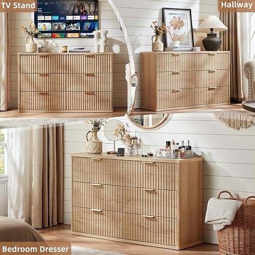 LEYAOYAO 48" Wide Fluted Dresser and 1 Drawers 23" Nightstand Set of 2, Wooden Dresser & Night Stand with Charging Station, 3 Piece Bedroom Furniture Set, Chest of Drawer for Living Room,Natural Wood thumbnail 9