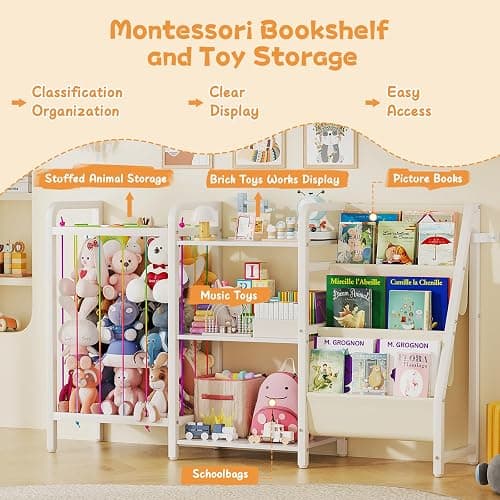 CYXPHION B1 Kids Bookshelf and Toy Storage, Book Shelf for Kids Rooms White | 3-Tier Sling Baby Bookcase with Stuffed Animal Storage, Montessori Toddler Bookshelf for Nursery, Bedroom, Playroom thumbnail 7