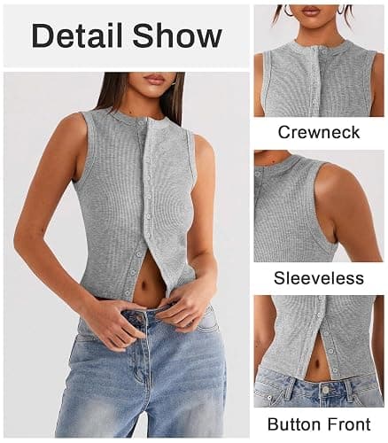 Pungdra Womens Button Down Tank Top Sleeveless Ribbed Fitted Vest Casual Crewneck Trendy Y2K Going Out Crop Knit Vest Top thumbnail 4